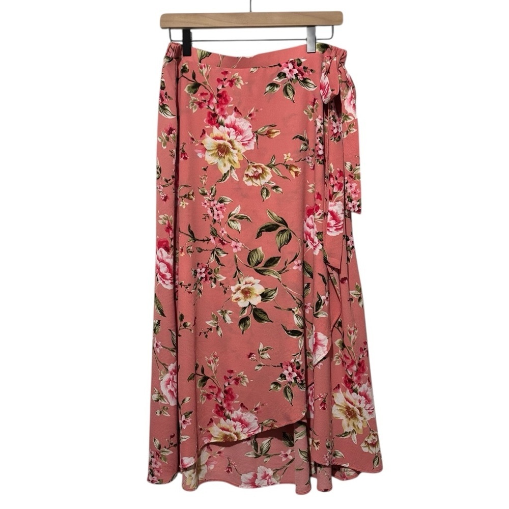 Bobeau Pink Floral Faux Wrap Women's Skirt Cottagecore Bohemian Size Large